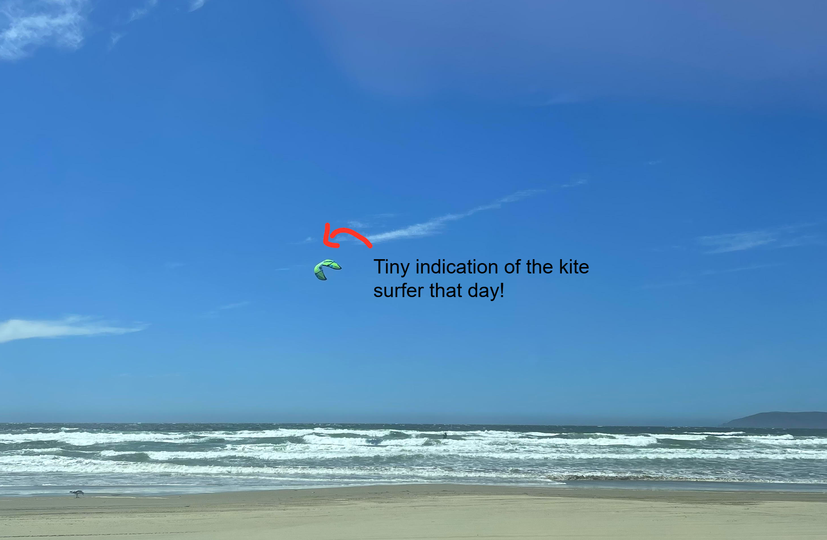 Photo of the sand, beach, sky and a faint image of a kite